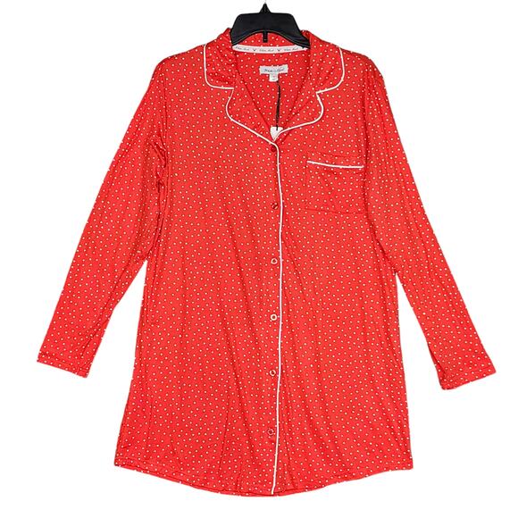 White Mark Long Sleeve Nightgown Notch Collar Button Down Red White Medium - Picture 1 of 8